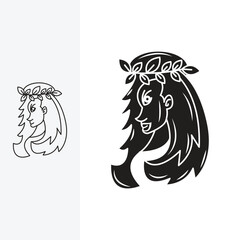 illustration of a beautiful woman wearing a headband made from a series of leaves, logo design template sign. monoline style and silhouette stylish.