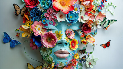 A woman's face is covered in flowers and butterflies