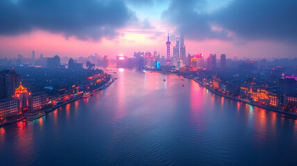 Naklejka premium Oriental Pearl, Bund, Shanghai, Cyberpunk, information flow, technological lines, night, overlooking Angle, vista,generative ai