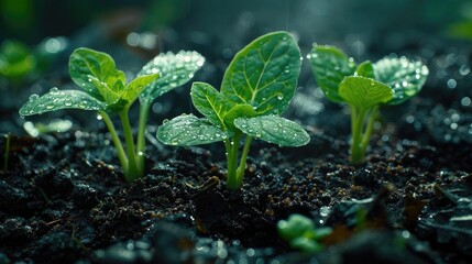 Close-up of green seedlings sprouting in soil with water droplets, symbolizing new growth, nature, and agriculture in a fresh, natural setting.