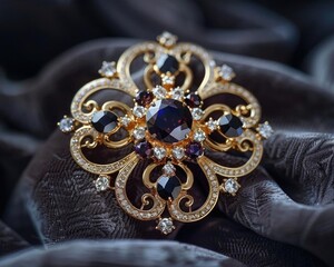 Elegant vintage gold brooch with intricate design and gemstones on a luxurious dark silk fabric backdrop.