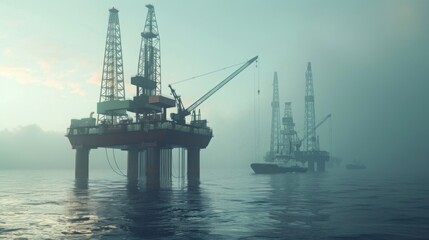 Fototapeta premium Offshore oil rigs are seen during early morning fog, with cranes engaged in drilling activities on calm waters.