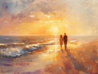 A romantic couple walks along the beach at sunset, with warm, vibrant colors creating a serene and dreamy atmosphere.