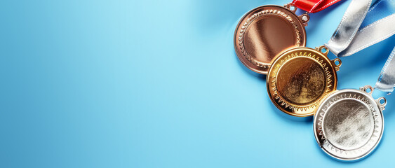 Gold, silver and bronze olympic medals  blue background. ,
