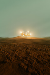 Alien spaceship flying over a deserted planet