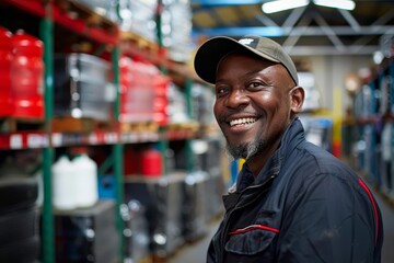 smiling warehouse worker posing for portrait in industrial workplace