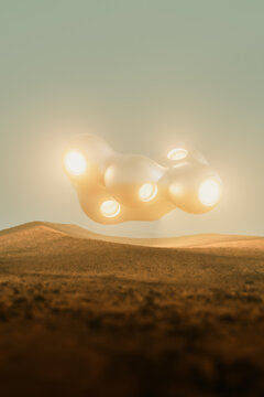 Alien spaceship flying over a deserted planet