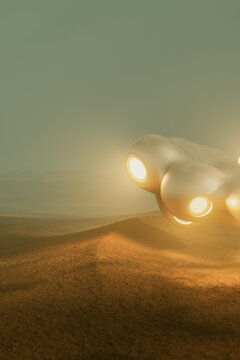 Alien spaceship flying over a deserted planet