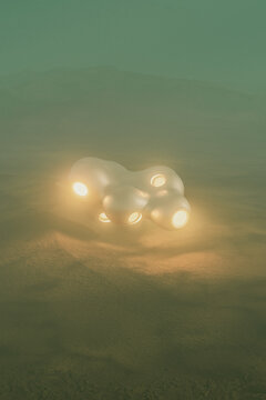 Alien spaceship flying over a deserted planet