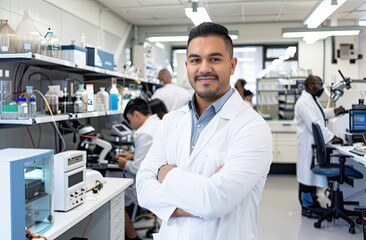 A proud Latino man, clad in a lab coat, stands with confidence in a high-tech research facility. Behind him, scientists diligently work on futuristic equipment. With a confident smile and arms crossed