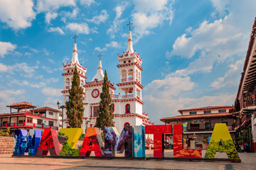 Big street sign in the middle of the road: Mazamitla, Jalisco, Mexico