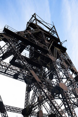 winding gear of coal mining colliery looking up from below