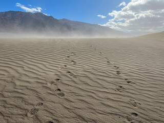 Mesquite Flat Sand Dunes in Death Valley during a sand storm caused by high winds