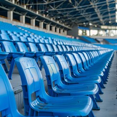 Fototapeta premium Empty seats at the stadium. Blue plastic seats in a stadium without spectators or fans 