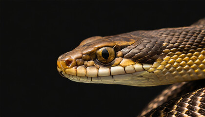 Fototapeta premium Brown snake isolated on plain black background with copy space.