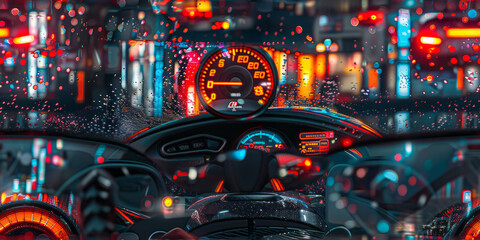 inside view from sports car cockpit, digital instruments dashboard, outside a vast neon generative ai