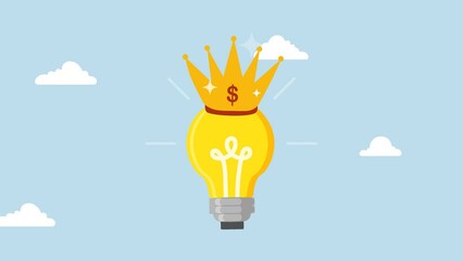 creative genius or winner idea, 4k animation of glowing bright light bulb idea lamp with golden crown.
