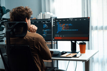 IT developer working online software development on pc monitors at modern home office on coding application screens, creating updated latest program firmware information version concept. Gusher.