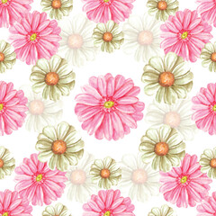 seamless pattern of white and pink daisy flowers hand painting watercolor