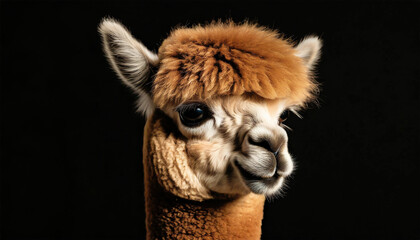 Brown alpaca isolated on plain black background with copy space.