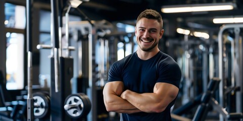 Caucasian male fitness instructor personal trainer standing in gym arms crossed, copy space - Powered by Adobe