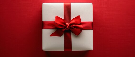A white gift box featuring a red ribbon set against a red background is perfect for birthdays, holidays, or anniversaries, enhancing the festive atmosphere of any occasion or celebration