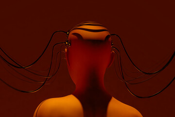 Humanoid linked to ai network concept in red hue