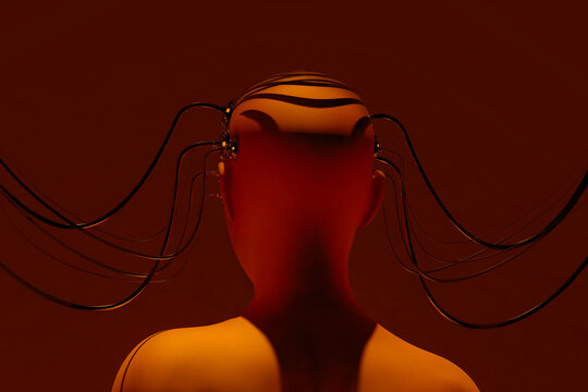 Humanoid linked to ai network concept in red hue