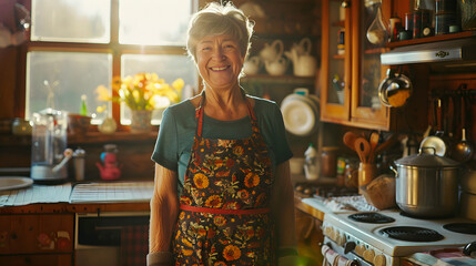 Home Baker with Handmade Floral Apron in Rustic Kitchen Preparing Ingredients in Sunlit Setting