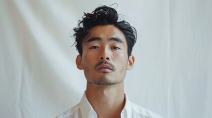 Obraz premium Quiet Asian man posing against a white backdrop
