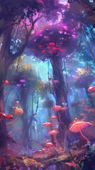 A magical forest teeming with mushrooms and towering trees