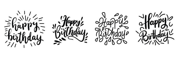 Collection Happy Birthday text lettering. Hand drawn vector art.