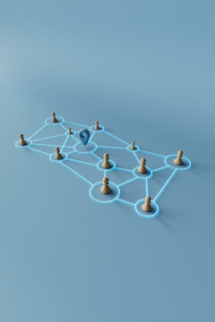 3D Render of Wooden Nodes and Location Marker in Network Concept