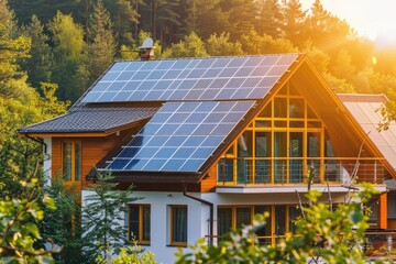 Innovative solar panels on the roof of a house, illuminated by the rays of the morning sun