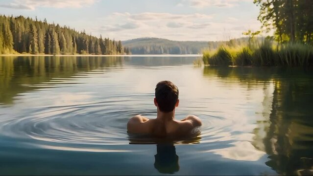 Man floats peacefully in crystal clear lake surrounded by trees and distant mountains, serene nature escape