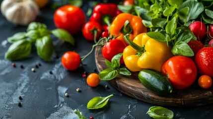 Assorted fresh vegetables including bell peppers, tomatoes, cucumbers, and basil on a dark background