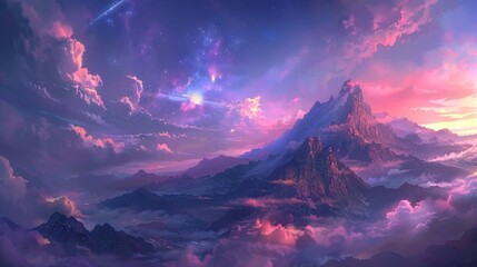 A stunning painting of a mountain rising high above the clouds in a dreamy sky