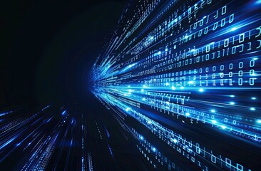 Abstract digital background with blue binary code and light streaks on black background, symbolizing technology and data transfer in cyberspace. This represents the flow of data in computer networks.