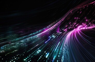 Abstract digital background with pastel binary code and light streaks on black background, symbolizing technology and data transfer in cyberspace. This represents the flow of data in computer networks