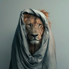 Lion wrapped in a grey cloth on a gradient background. Studio animal portrait.
