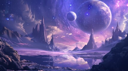 Fototapeta premium A stunning painting featuring majestic mountains and planets in a cosmic space scene