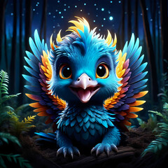 Obraz premium baby phoenix born from ashes, smiling face, mystery forest background