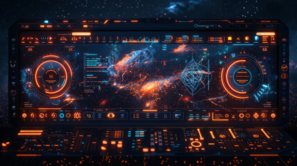 Obraz premium digital dashboard with neon lights on dark background,generative ai