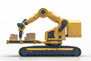 Automated Robot Carriers And Robotic Arm In Modern Distribution Warehouse
