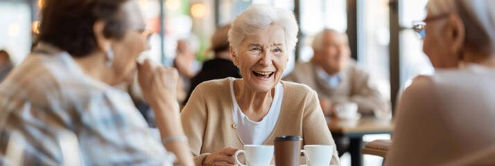 Elderly woman enjoying coffee and conversation in a lively cafe