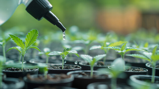 Z&uuml;chter gie&szlig;t behutsam Cannabis Setzlinge in kleinen T&ouml;pfen mit gesunden gr&uuml;nen Bl&auml;ttern