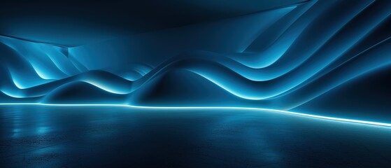 3d render, abstract minimal neon background with glowing wavy line. Dark wall illuminated with led lamps. Blue futuristic wallpaper.