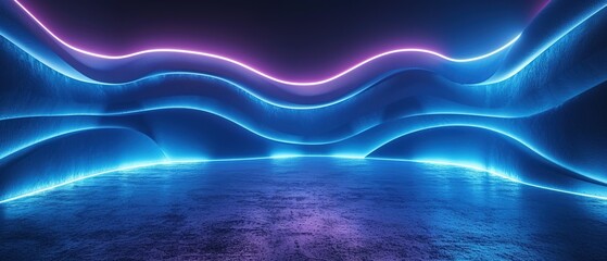 3d render, abstract minimal neon background with glowing wavy line. Dark wall illuminated with led lamps. Blue futuristic wallpaper.