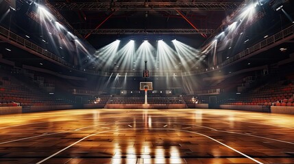An empty basketball court is illuminated by spotlights, creating dramatic lighting effects. The...