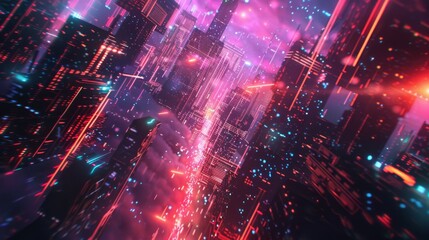 A vibrant metropolis glows with neon lights and towering buildings